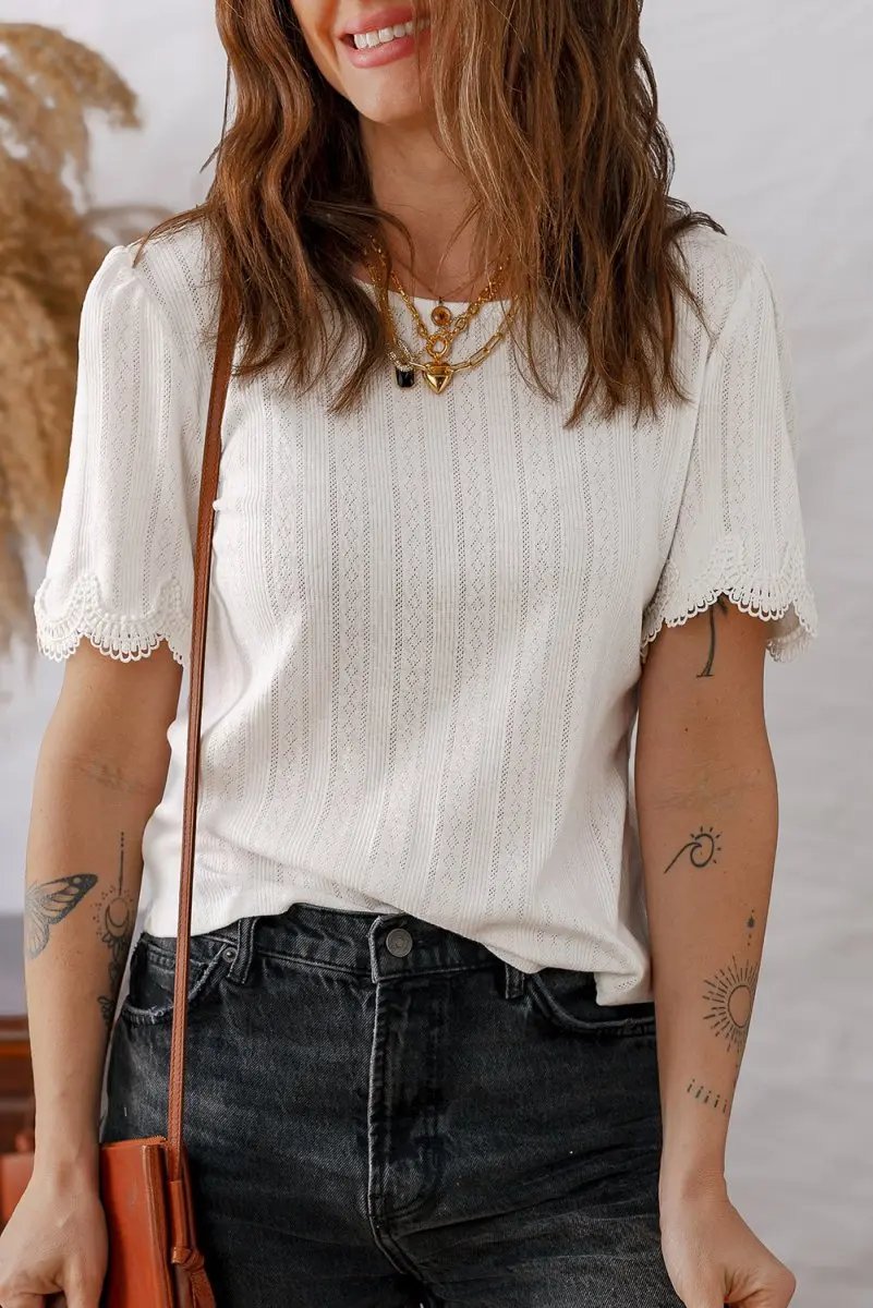 White Scalloped Lace Trim Jacquard Textured T Shirt for Women - Love Salve